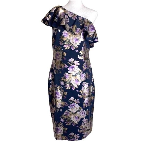NWT ELIZA J DRESS FLORAL METALLIC FOIL JACQUARD RUFFLE ONE SHOULDER COCKTAIL - Picture 3 of 10